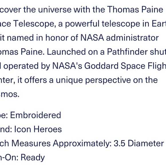 For All Mankind Patch Thomas Paine Space Telescope Embroidered Iron On, 3.5" Dia - Picture 3 of 4